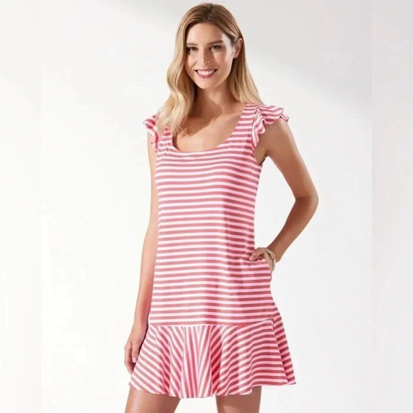 Tommy Bahama Breaker Bay Stripe Flounce Coral Coast Dress Size XS (Fits large) - Picture 4 of 10
